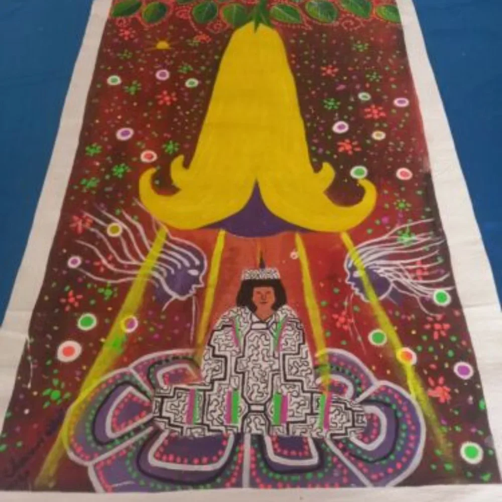 Oil on canvas Peruvian floripondio flower and shaman 30 x 18 inches